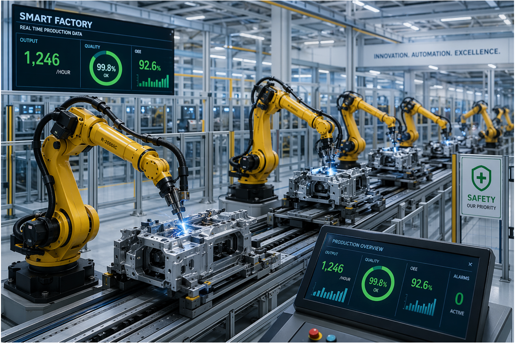 Automated factory line with yellow robotic arms assembling metal parts on a conveyor, digital displays in foreground