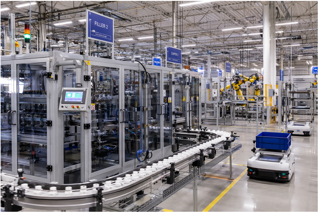 Automated factory assembly line with robotic machinery and a small autonomous vehicle on the floor