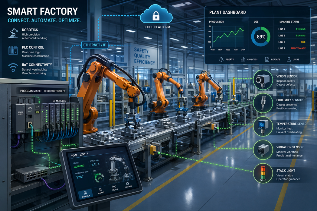 Smart factory with robotic arms on an assembly line and digital monitoring dashboards in blue tones