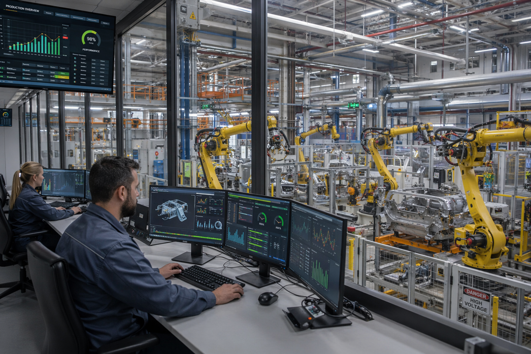 Technicians monitoring automated robot assembly lines in a modern factory control room.