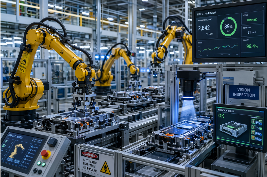 Robotic arms assembling parts on a factory line beside digital control screens