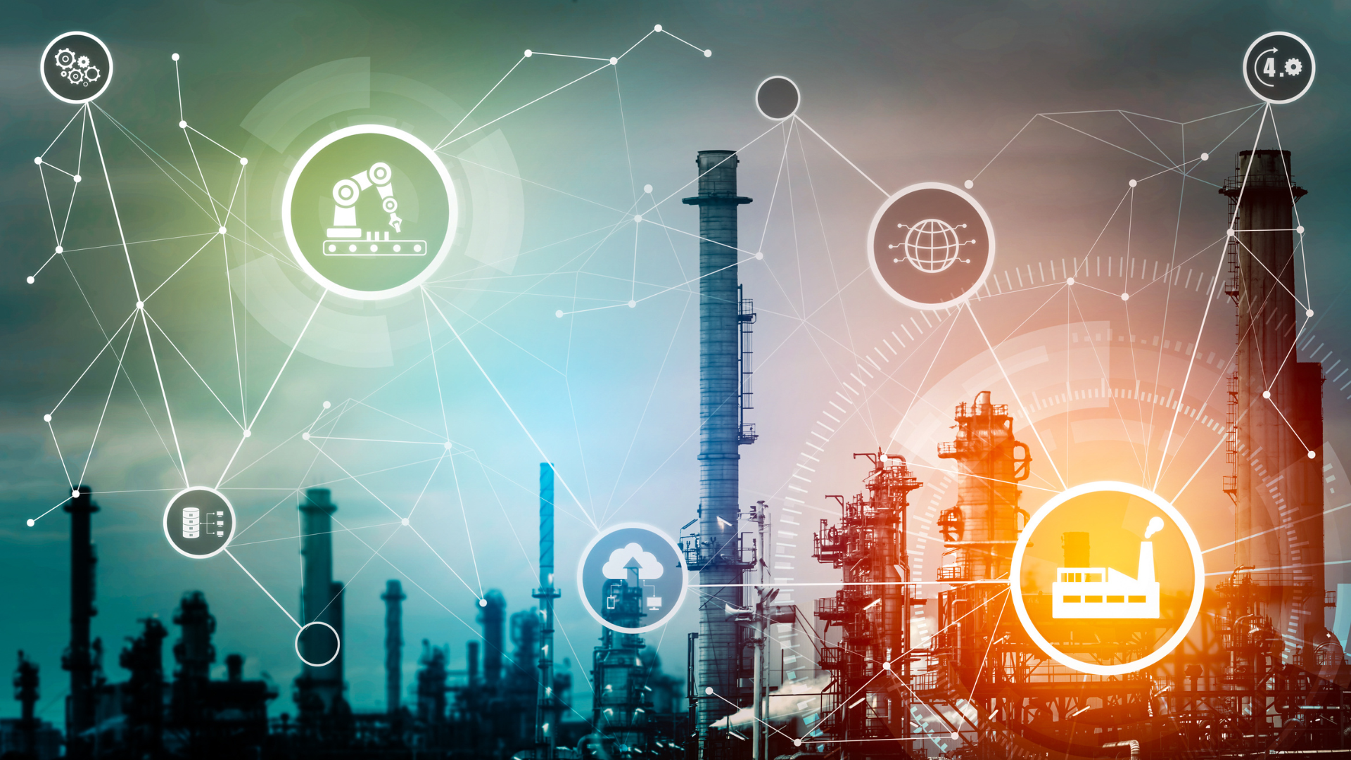A silhouette of a factory with a bunch of icons around it.