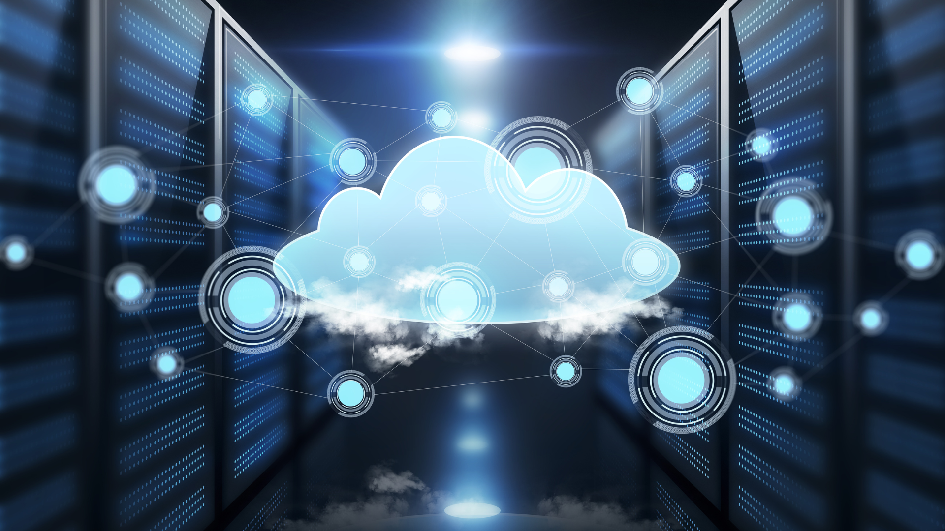 A cloud is floating in the middle of a server room.