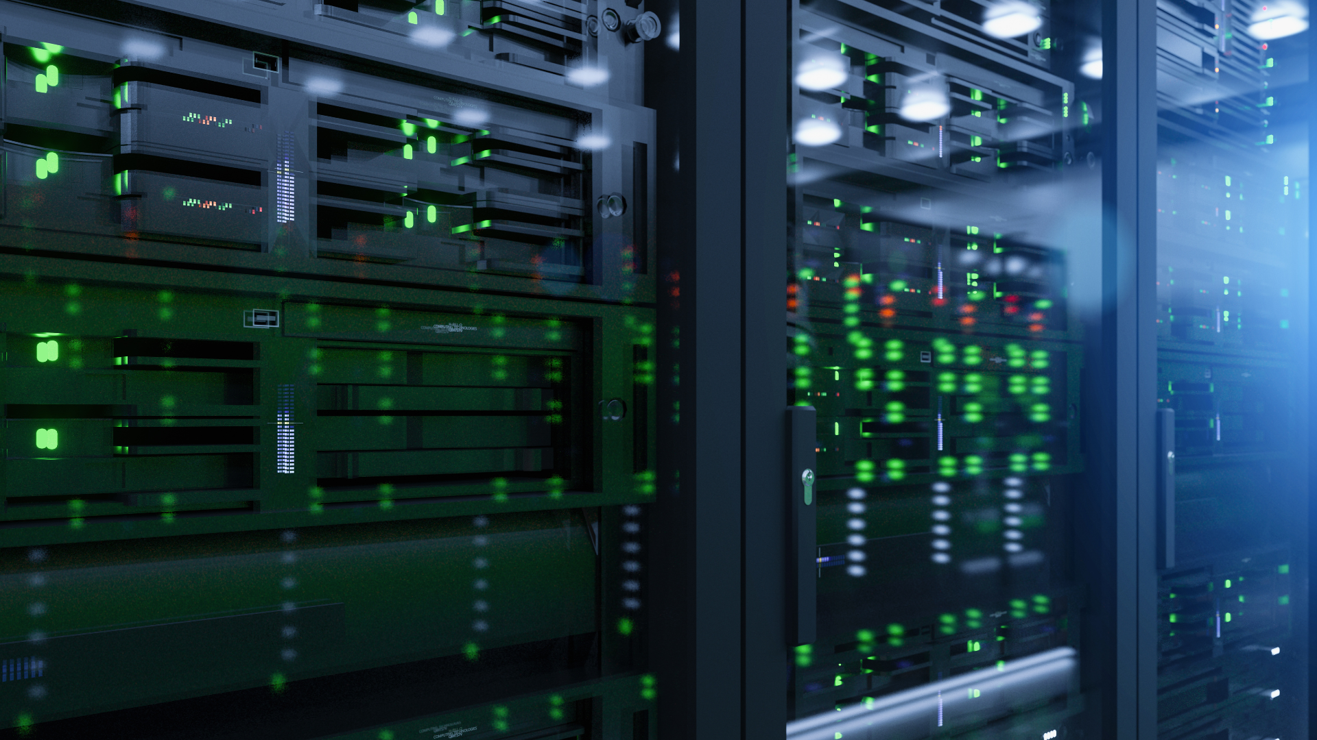 A server room filled with lots of servers and green lights.