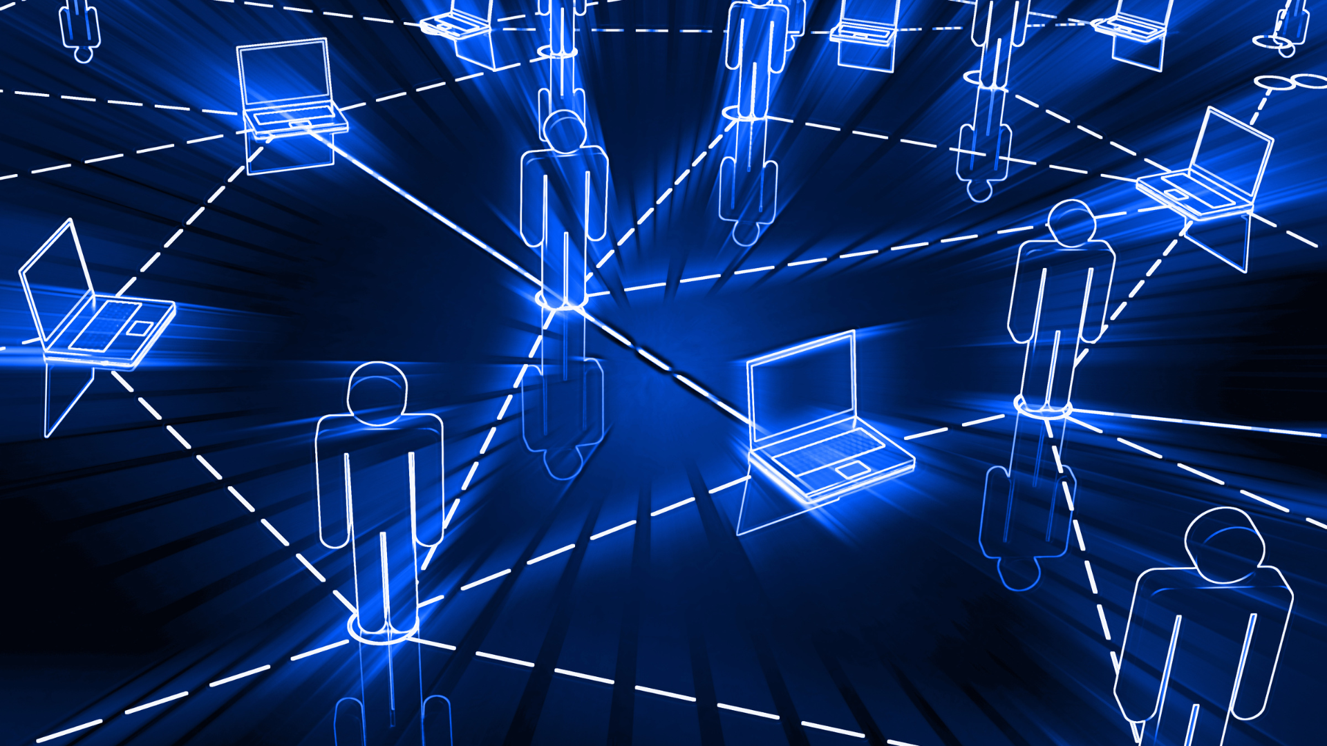 A blue background with a network of people and laptops