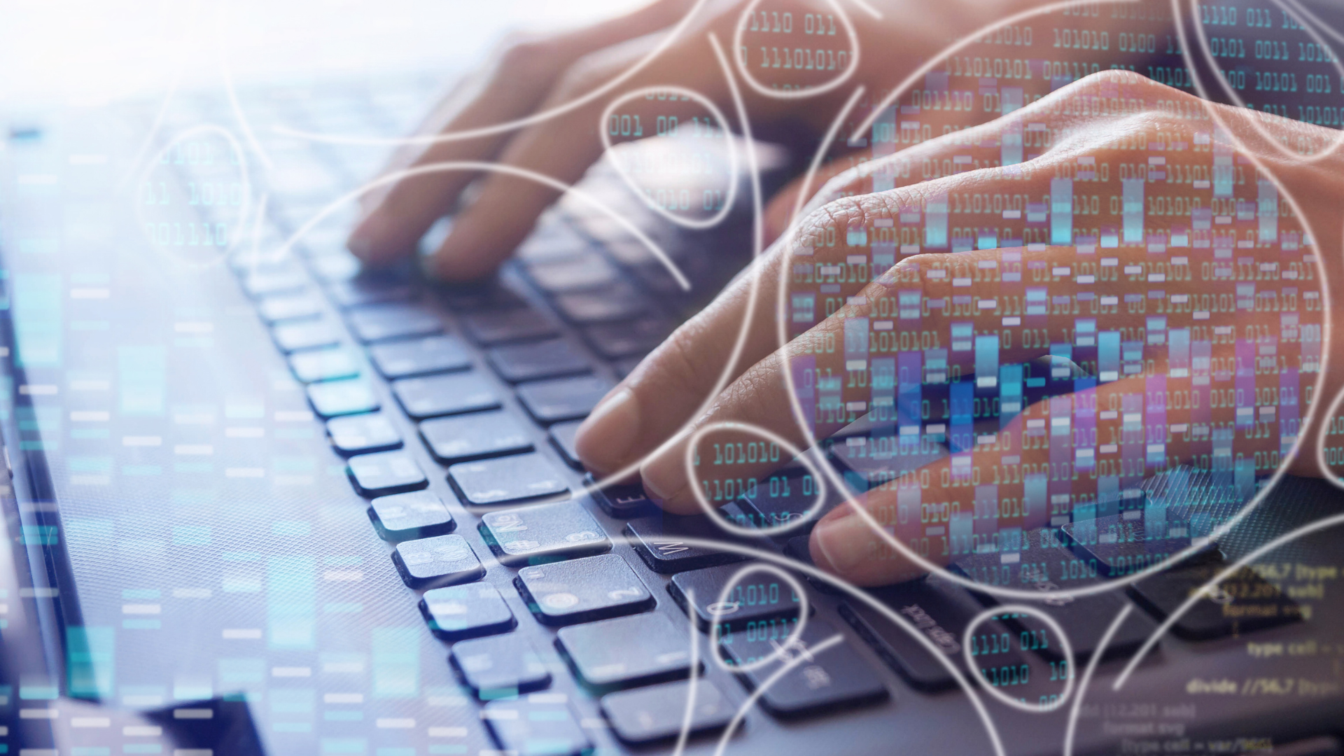 A person is typing on a laptop computer with a diagram of a brain in the background.
