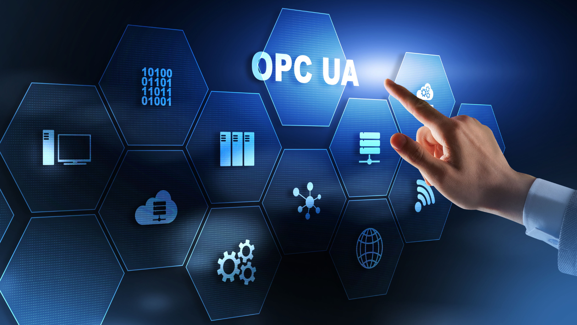 A person is pressing a button on a screen that says opc ua.