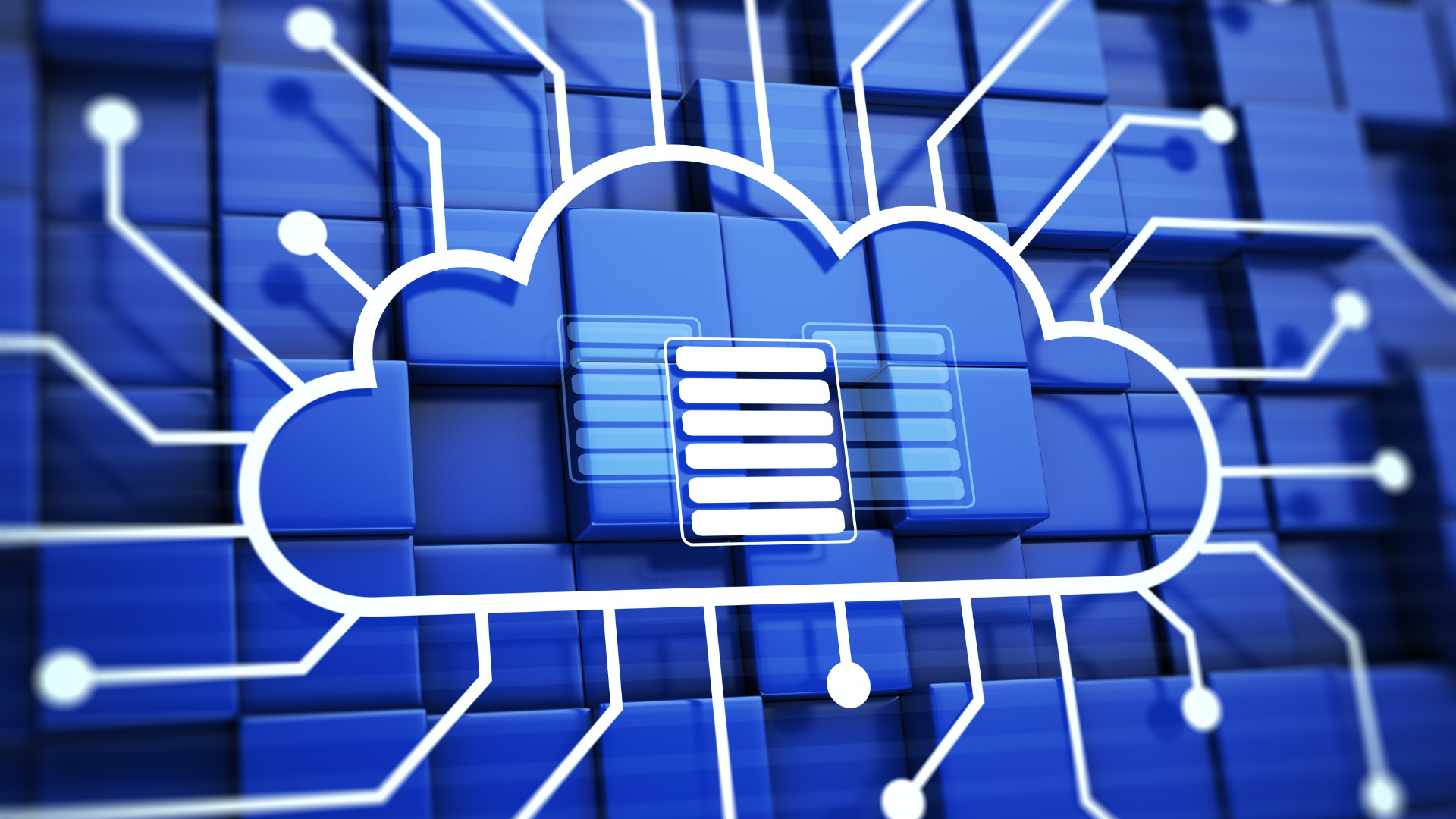 A cloud with a stack of files inside of it on a blue background.