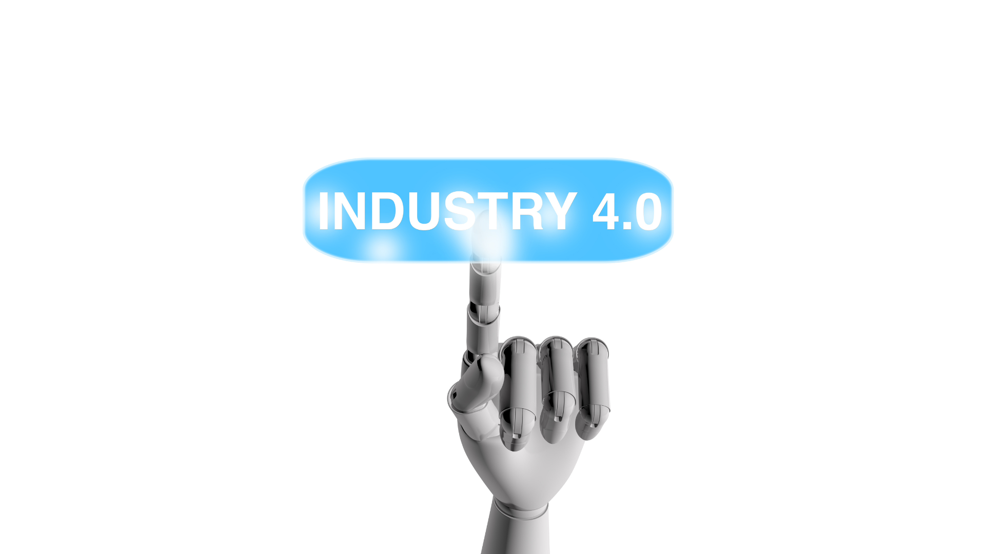 A robotic hand is pressing a button that says industry 4.0.