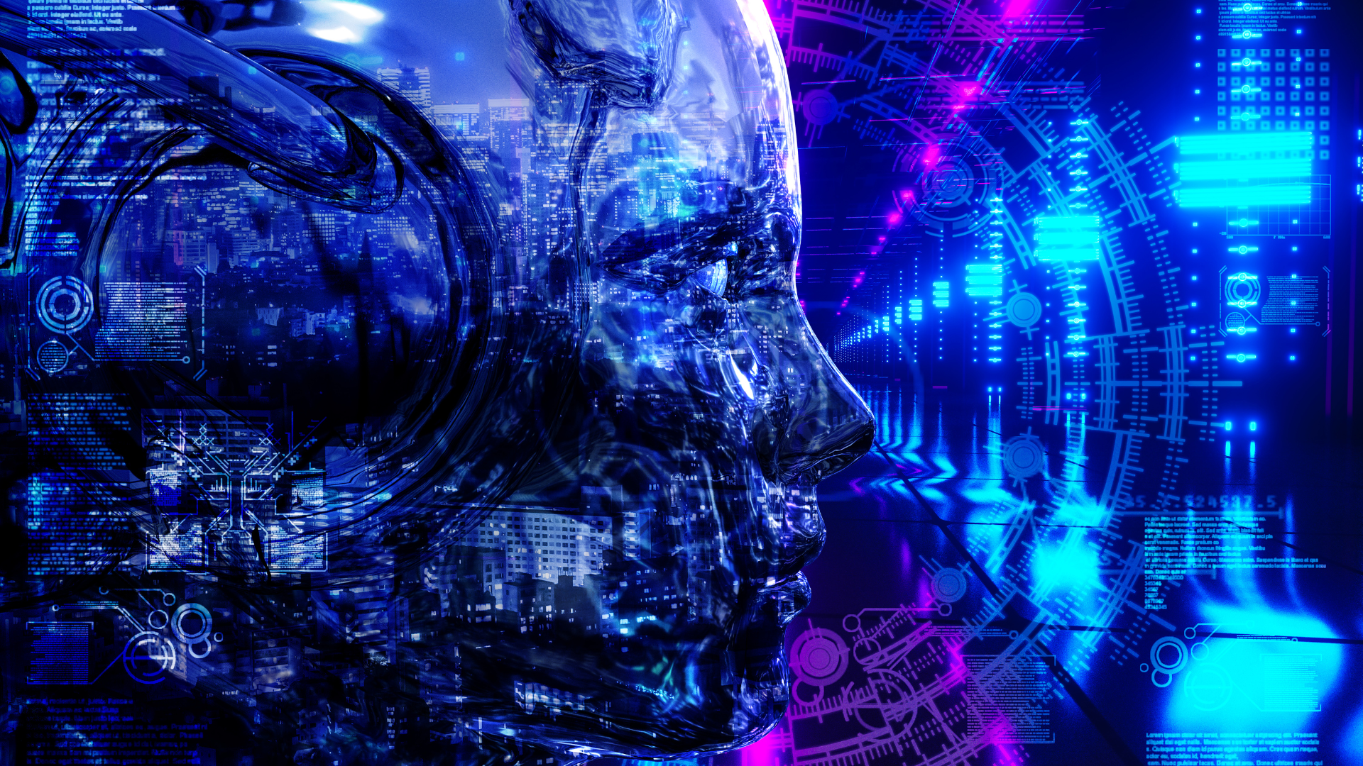 A close up of a robot 's face with a blue background.