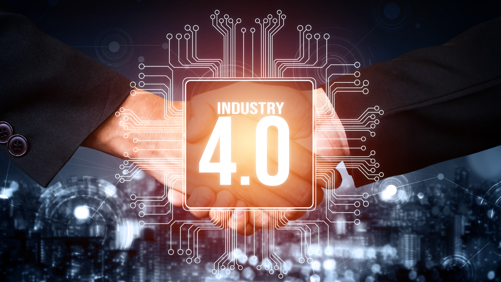 A couple of people shaking hands with a sign that says industry 4.0.