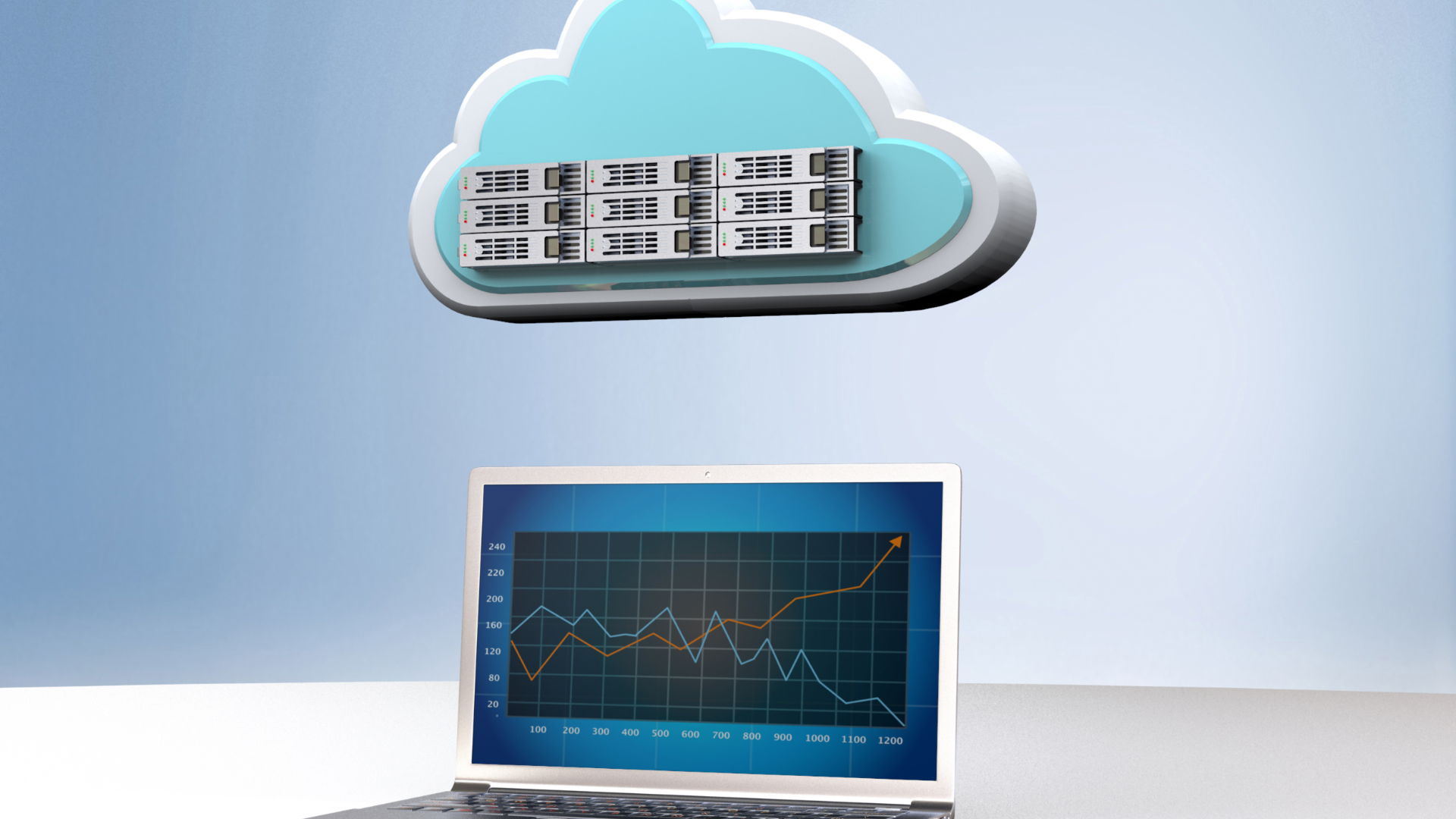 A laptop with a graph on the screen is sitting on a table next to a cloud.