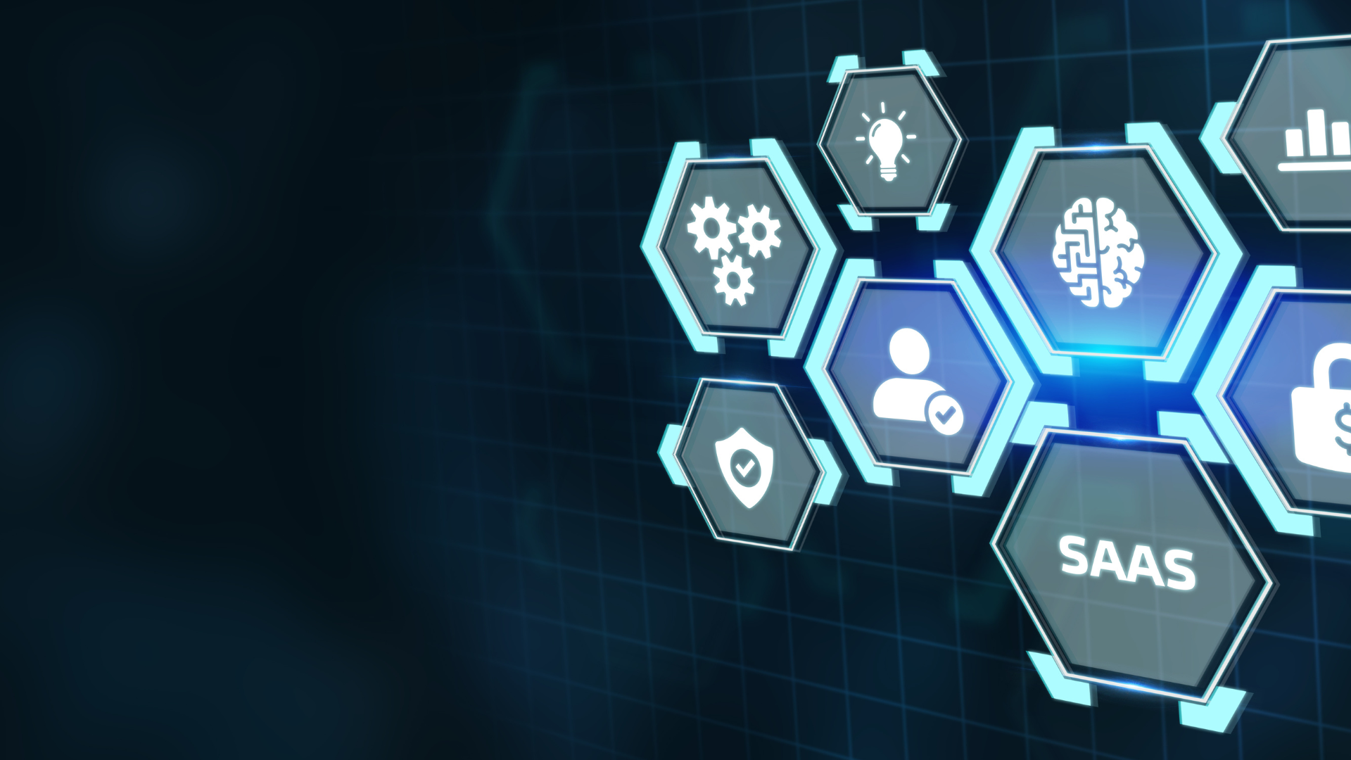 A bunch of icons are connected to each other on a blue background.