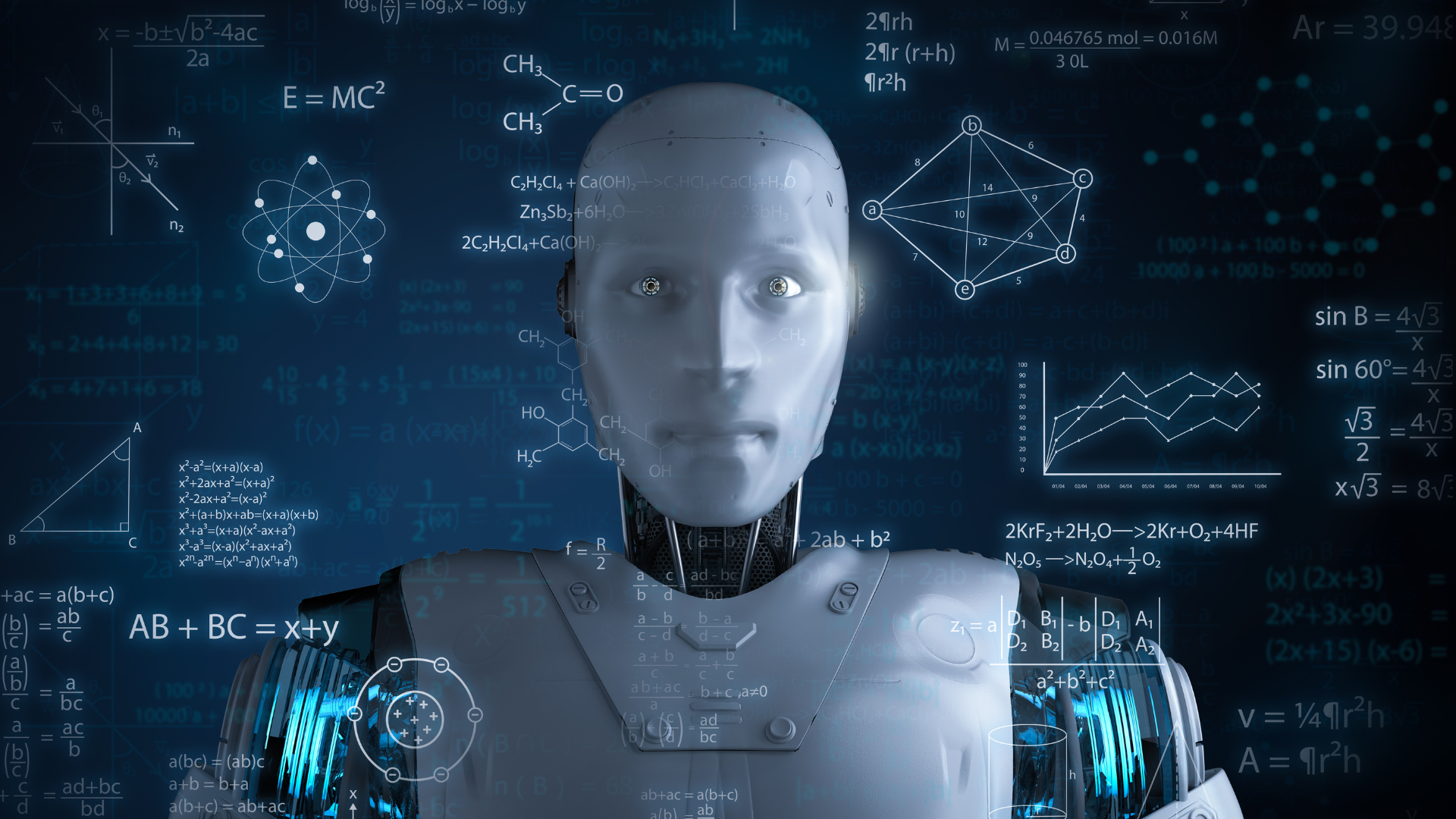 A robot is standing in front of a computer screen with mathematical equations on it.