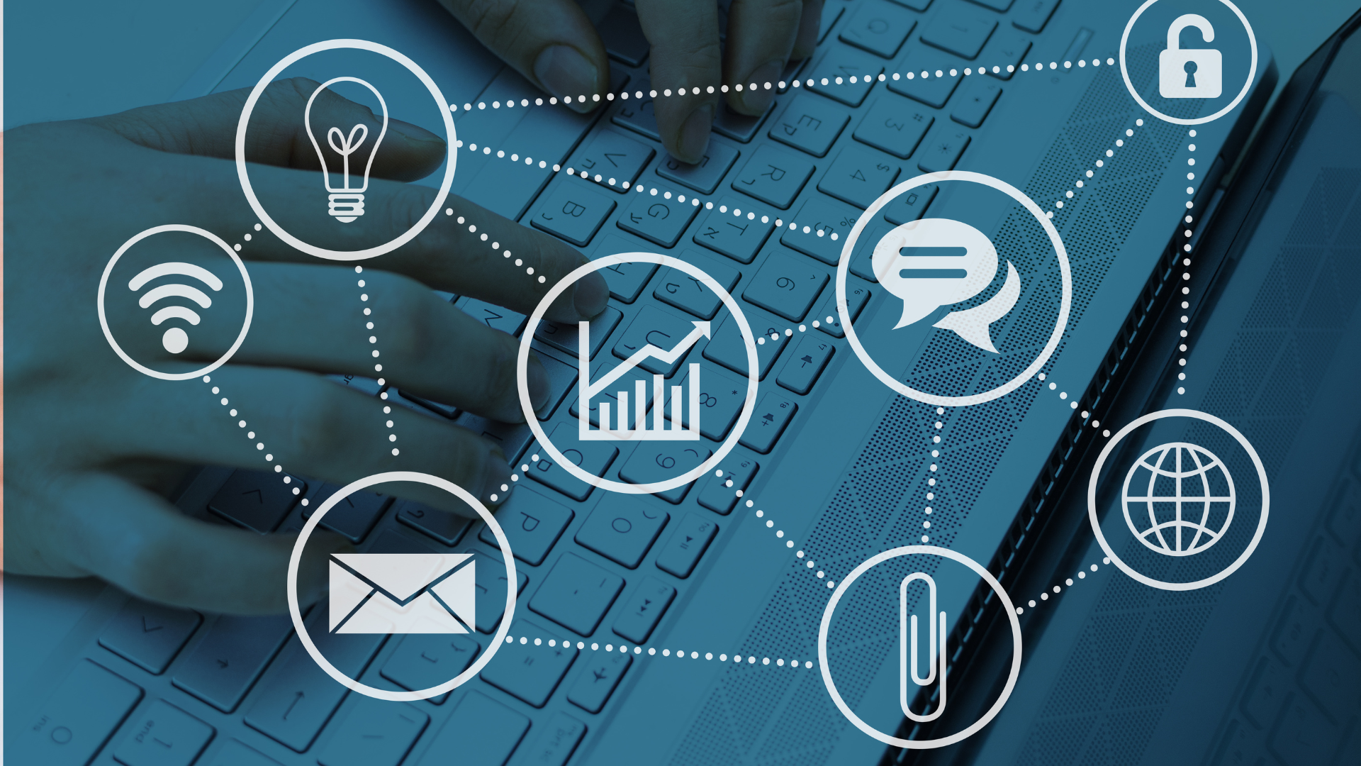 A person is typing on a laptop computer with icons connected to it.