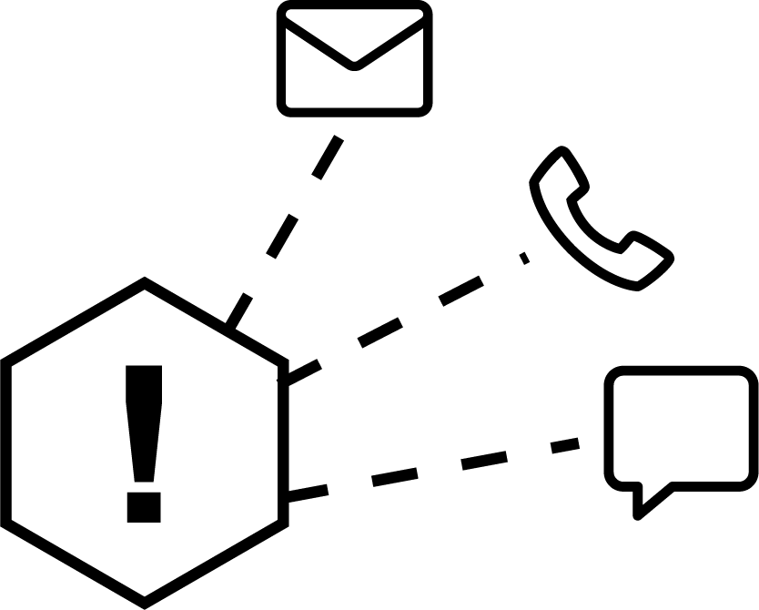 A black and white icon of a phone , envelope , and speech bubble.