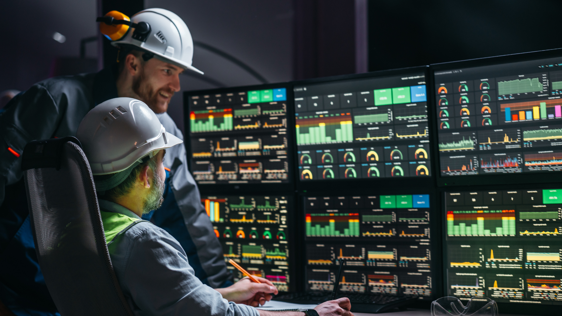 Two men in hard hats are looking at a computer screen.