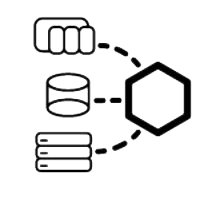 A black and white icon of a hexagon surrounded by circles and dots.