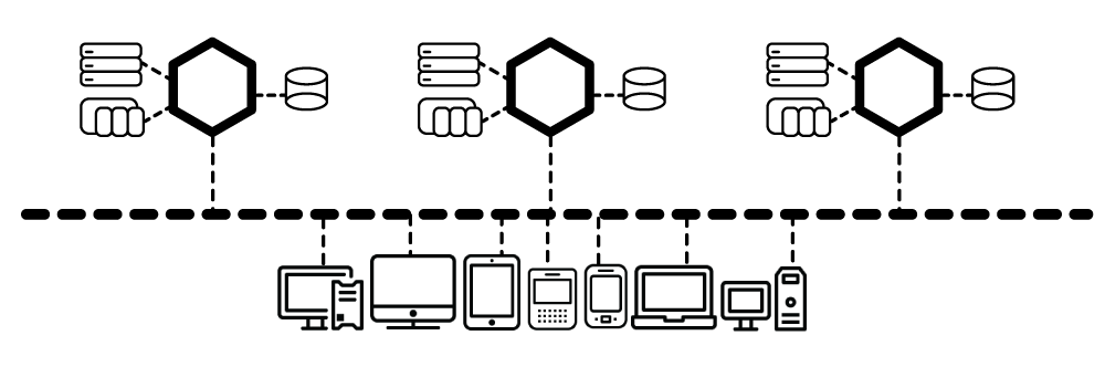 A black and white drawing of a computer network.