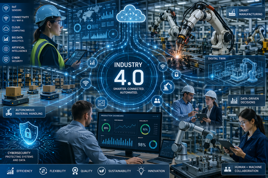 Industrial 4.0 factory scene with workers, robots, and digital data dashboards