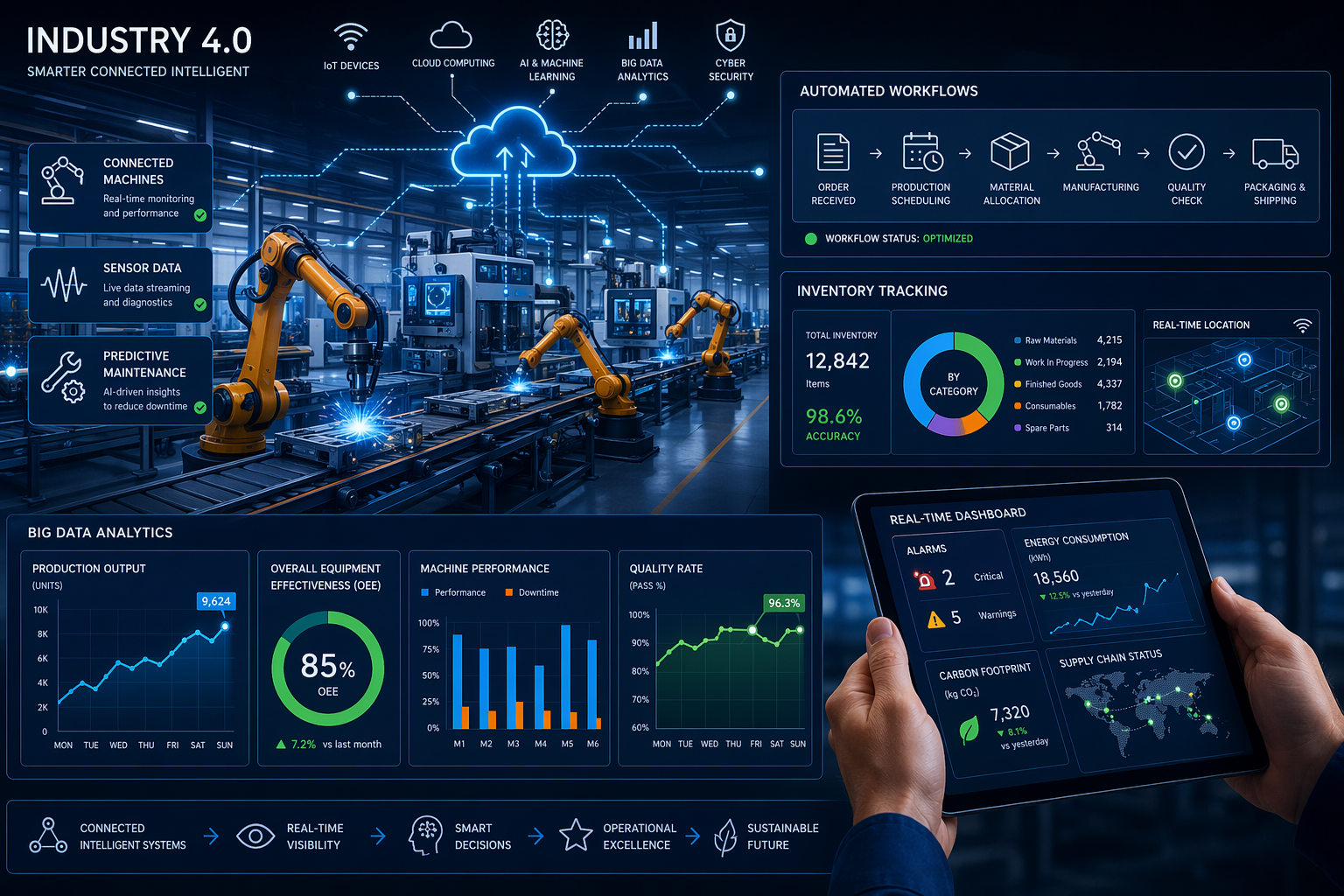 A hand is pointing at a screen that says industry 4.0.