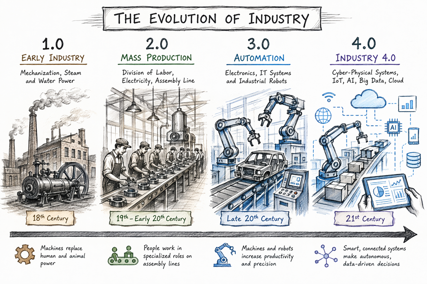 Infographic of industrial evolution from steam engines to automation and Industry 4.0 technologies