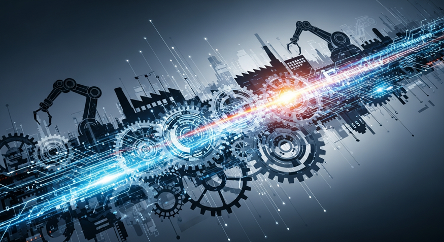 Abstract gears and robotic arms with a blue light streak and orange glow, symbolizing industrial automation