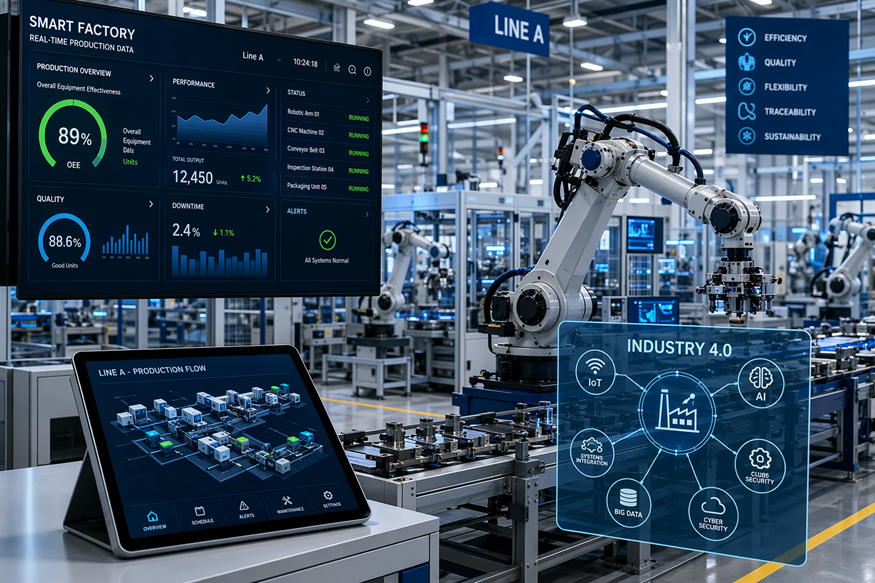 Smart factory with robotic arms, digital dashboards, and industrial automation screens