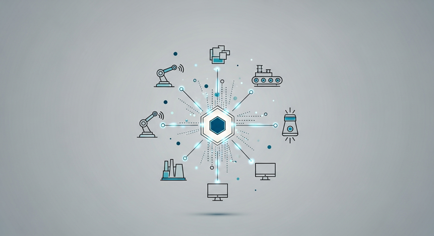 Network diagram with a central cloud icon connected to devices and robots on a light background