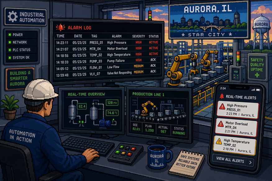 Control room operator monitors a digital mine dashboard with warnings, machinery, and Aurora, IL skyline.