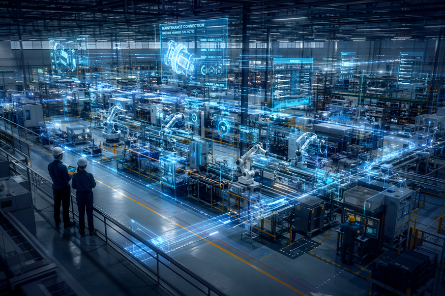 Futuristic factory floor with glowing blue machinery, digital overlays, and two people observing from a balcony