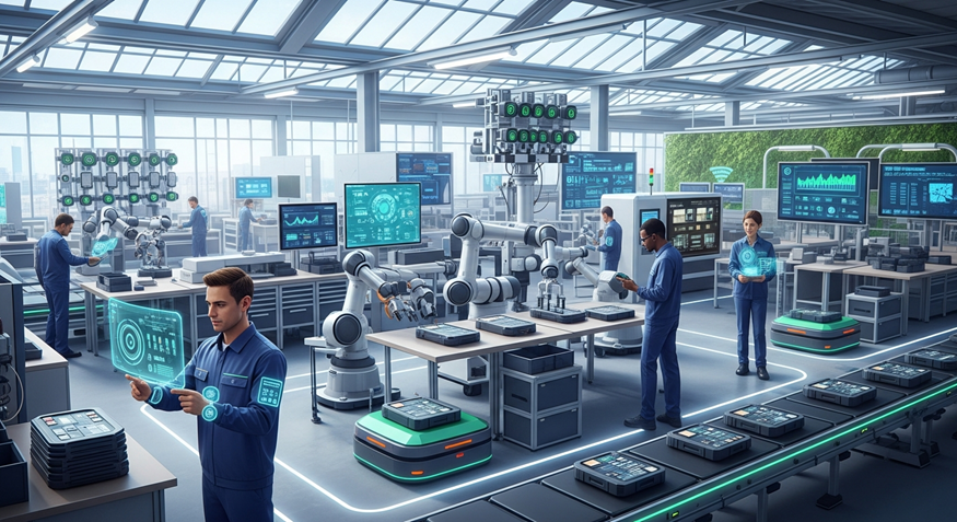 Futuristic control room with staff monitoring glowing screens and robotic equipment in a bright industrial lab