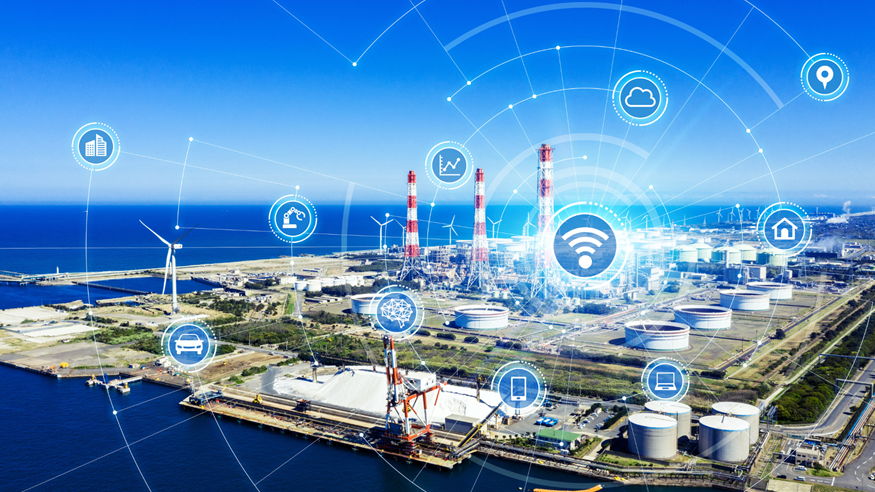 Aerial view of a port and industrial plant by the sea with blue digital network icons overlayed