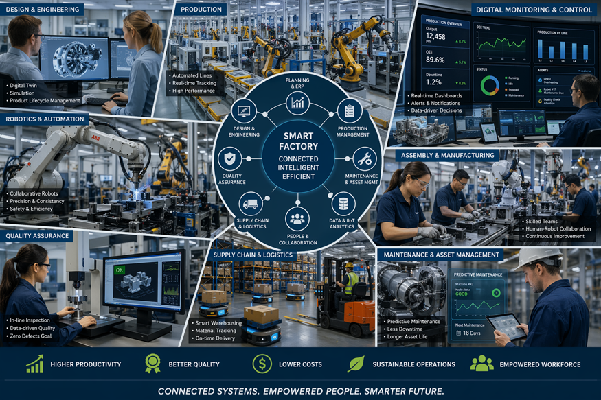 Collage of people and robotic arms in a smart factory, with blue data dashboards and analytics overlays