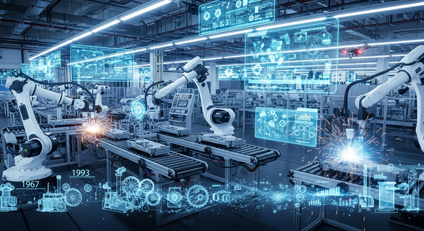 Robotic arms assembling parts in a futuristic blue-lit smart factory with digital HUD overlays