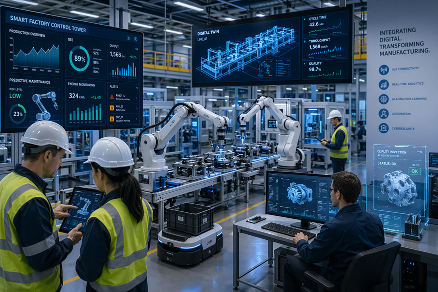Factory workers monitor a robotic assembly line with large digital dashboards and blue holographic displays.