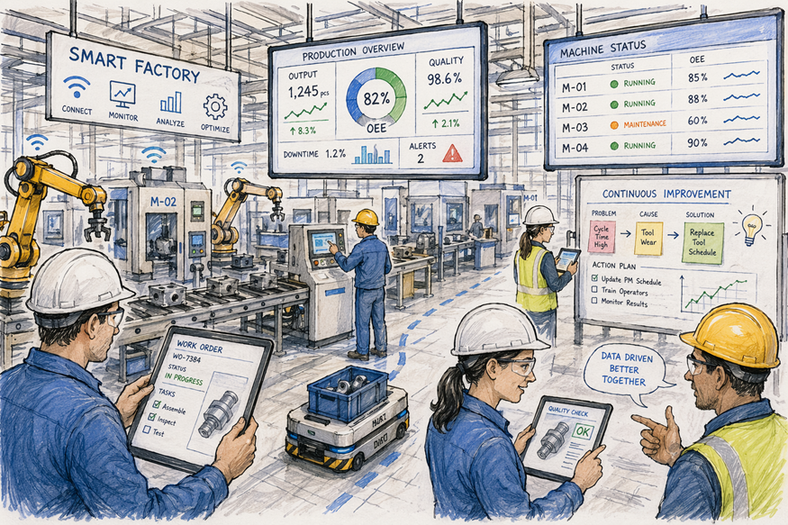 Smart factory floor with workers, robot arms, tablets, and large dashboard screens monitoring production