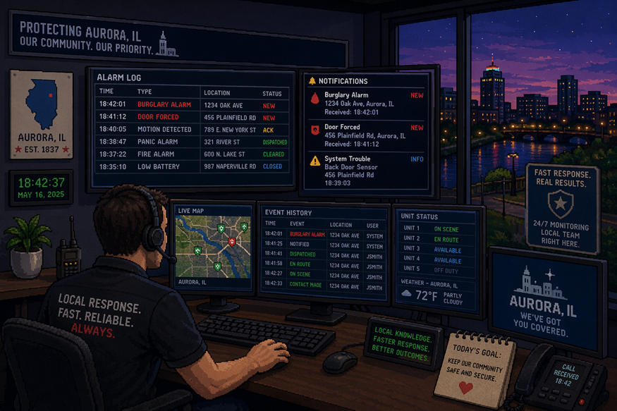 Operator monitoring emergency dashboards in a dark control room at dusk with city skyline outside.