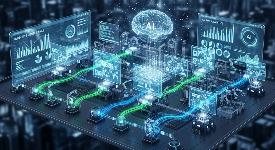 Futuristic AI network dashboard with glowing blue and green data lines and analytics panels
