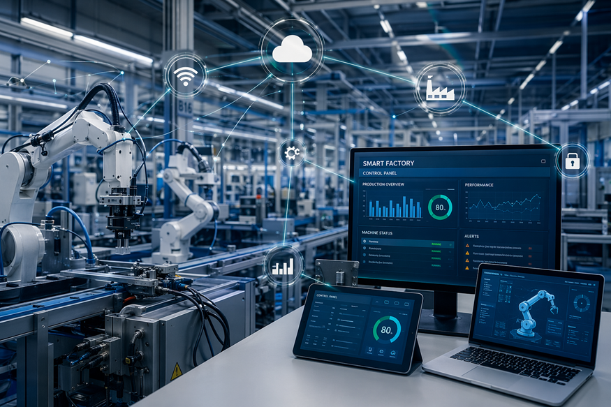Industrial automation factory with robotic arms and blue data dashboards on monitors and laptop