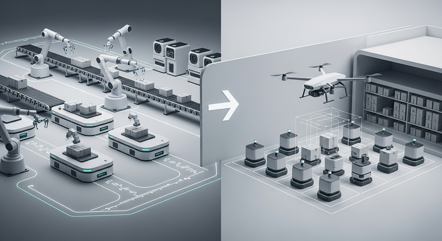 Split-screen grayscale factory automation scene with conveyor lines, robots, and a large arrow pointing right