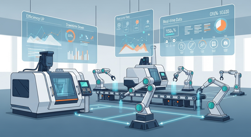 Futuristic factory with robotic arms, CNC machine, and digital dashboards on a blue production line.