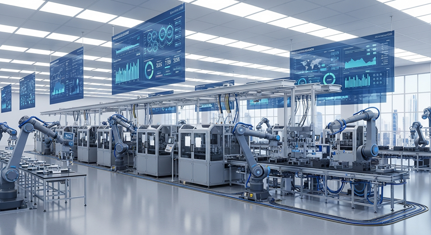 Futuristic automated factory assembly line with robotic arms and digital screens in a bright industrial hall