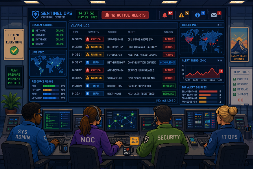 Cybersecurity operations center monitoring multiple red alerts on large screens at night