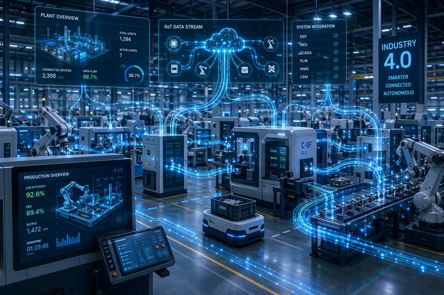 Futuristic smart factory with robotic arms, glowing blue data displays, and autonomous vehicles in an industrial hall