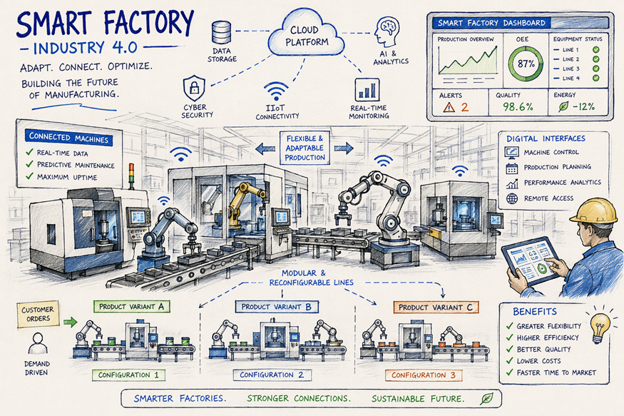 Smart factory infographic with robots, conveyors, cloud data, and a worker monitoring production dashboards