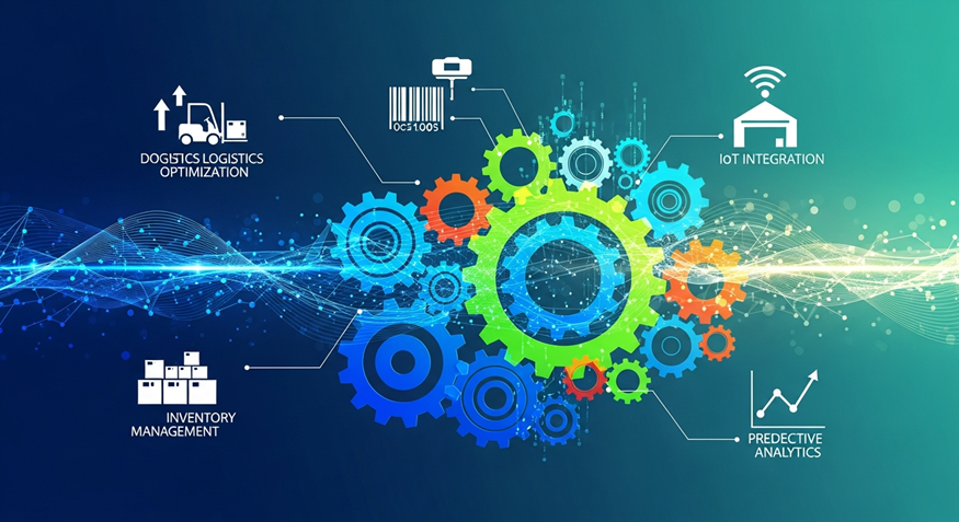 Colorful gears and technology icons on a blue digital network background representing automation and industry