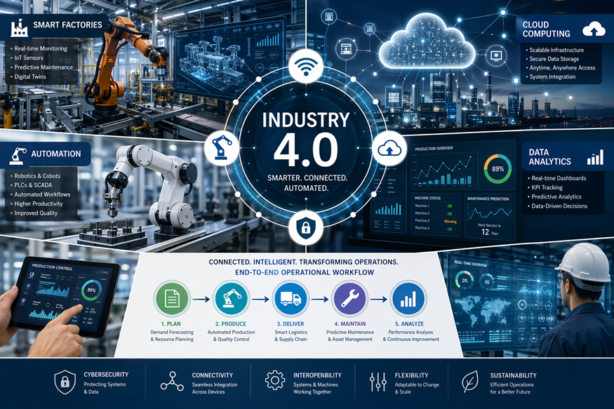 Industry 4.0 infographic with robotics, cloud analytics, manufacturing charts, and connected factory devices