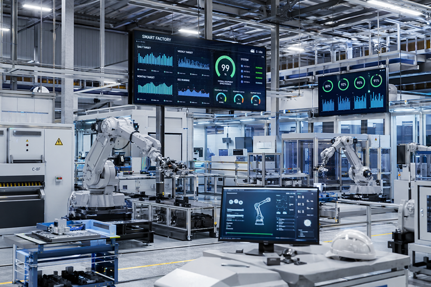 Automated factory control room with robotic arms, multiple monitors, and production line equipment