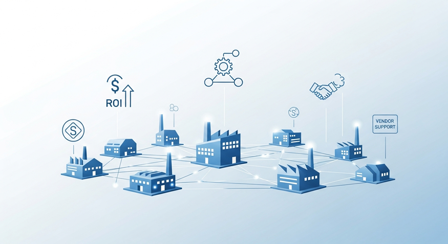 Blue isometric smart city with factories, houses, and icons for finance, recycling, and logistics connected by lines